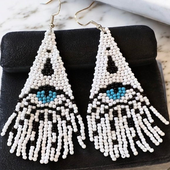 Evil Eye Seed Bead Fringe Earrings: Boho Dangle Earrings Handcrafted White Blue - Picture 3 of 17